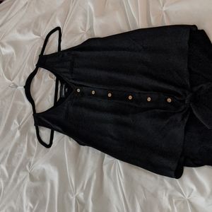 Mixed material tie-front tank top blouse